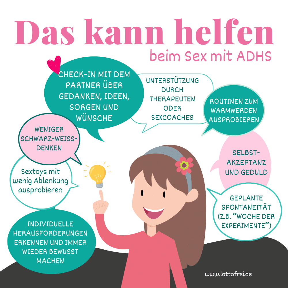 Das hilft beim Sex mit ADHS, Illustration einer Frau, der ein Licht aufgeht mit Sprechblasen